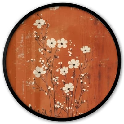 Poster in lijst Rond - Fotolijst 40x40 cm - Posters - Bloemen - Wit - Subtiel - Roestkleur - Ronde posterlijst zwart - Decoratie - Wanddecoratie woonkamer - Muurdecoratie slaapkamer