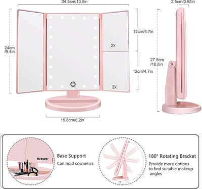 Make-upspiegel, 1 x / 2 x / 3 x drievoudig gevouwen make-upspiegel met 21 ledlampen en verstelbaar touchscreen, verlichte spiegel, make-upspiegel voor werkblad (roze)