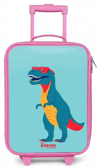 NoBoringSuitcases.com® - Kinderkoffer roze - Kindertrolley meisje - Coole T. rex met zonnebril - Koffer kind lichtgewicht - Reiskoffer trolley voor kinderen - Koffertje met lichtgevende wieltjes - Rolkoffer