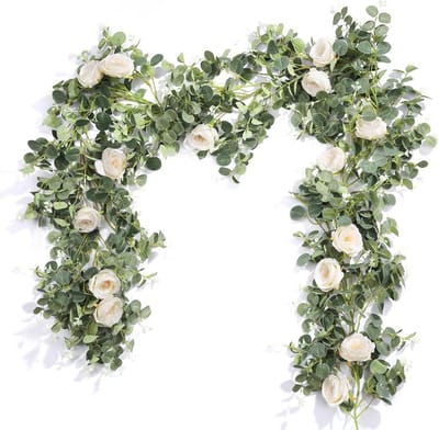 Kunstmatige Eucalyptusbloem Slinger met Witte Rozen - 20 cm Lange Faux Bloemblaadjes voor Bruiloft en Kamerdecoratie