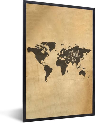 Poster in lijst - Fotolijst 80x120 cm - Posters - Wereldkaart - Quote - Beige - Posterlijst zwart - Decoratie - Wanddecoratie woonkamer - Muurdecoratie slaapkamer