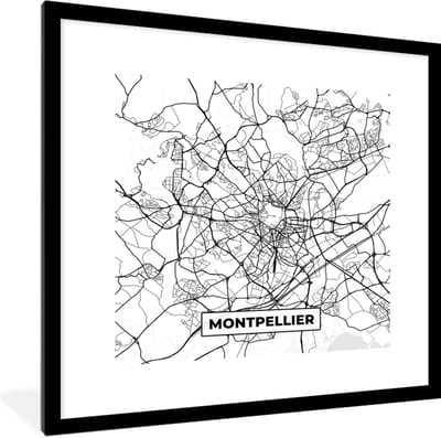 Fotolijst incl. Poster Zwart Wit- Montpellier - Stadskaart - Plattegrond - Kaart - Frankrijk - Zwart wit - 40x40 cm - Posterlijst