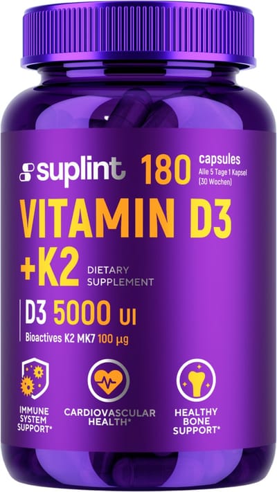 Vitamine D3 + K2 – 5000 IU D3 | 100 IU K2 – Hoge dosering – Botten - Spieren - Immuunsysteem – 1 x per 5 dagen - 180 Capsules - Suplint