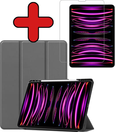 Hoesje - Geschikt voor Apple iPad Pro (2022) - 12.9 inch - Met Screenprotector - Trifold Bookcase Hoes - Hard Cover Case - Met Uitsparing Geschikt voor Apple Pencil - Hardcover Book - Tablethoes - Grijs