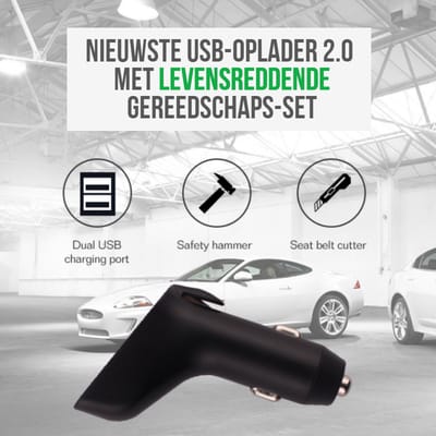 Allernieuwste 3-in-1 Autolader 2 USB Poorten - Veiligheids Gereedschap Auto - Veiligheidshamer Gordelsnijder Ruitenbreker - 12V-24V 2.4Ax2