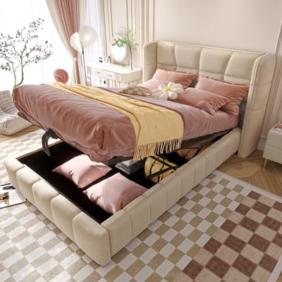 Gestoffeerd Bed - 90x200 cm - Kinderbed met Lattenbodem - Pneumatische Opbergruimte - Linnen - Beige