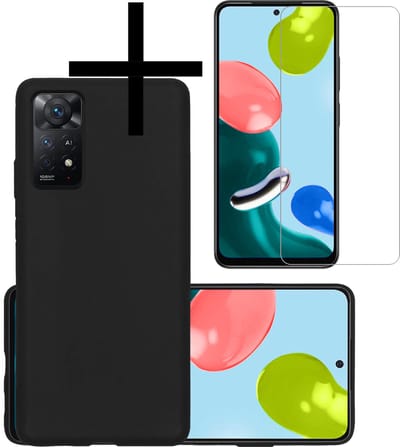 Hoesje - Met Screenprotector - Geschikt voor Xiaomi Redmi Note 11s - Sterk & Shockproof - Back Cover - Siliconen Case - Telefoon Hoes - Zwart