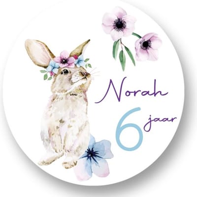 20x Traktatie Stickers Met Naam en Leeftijd - Konijn - Gepersonaliseerd - Bunny - Flowers - Sluitstickers - Kinderfeest Traktatie - Uitdelen - Uitdeeltraktatie - Wensetiket - Rond - 40mm - Glossy sticker - Uitdeeltraktatie - Kinderfeest