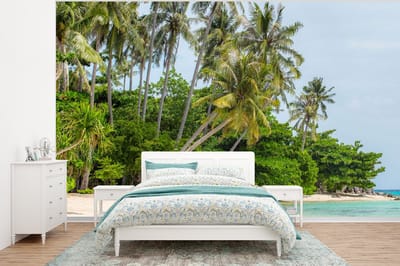 Behang - Fotobehang Palmbomen - Strand - Zomer - Tropisch - Breedte 375 cm x hoogte 280 cm