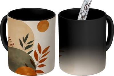 Magische Mok - Foto op Warmte Mokken - Koffiemok - Vormen - Rond - Bladeren - Beige - Magic Mok - Beker - 350 ML - Theemok