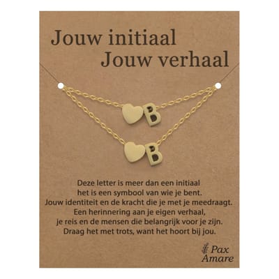 Letter B ketting + armband set op Cadeau Kaartje - Jouw initiaal, jouw verhaal - Goudkleurig Stainless Steel - Initiaal & Hartje Hanger - Pax Amare