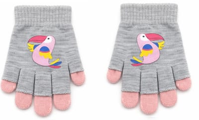 Kinder handschoenen voor meisjes dubbellaags thermo met vogel toekan print - grijs en roze
