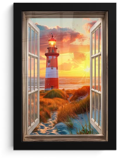 Poster in lijst - Fotolijst 20x30 cm - Posters - Doorkijk - Raam - Vuurtoren - Zonsondergang - Strand - Posterlijst zwart - Decoratie - Wanddecoratie woonkamer - Muurdecoratie slaapkamer