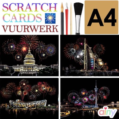 Ainy - Scratch Art Vuurwerk B (A4) | 4 krastekening incl. gereedschappen | DIY kras tekeningen | Schilderen op kleuren kunst | hobby & creatief voor volwassenen en kinderen ( meisjes ) | Knutselen - ontspanningspakket | Schilderijen set nummer 5
