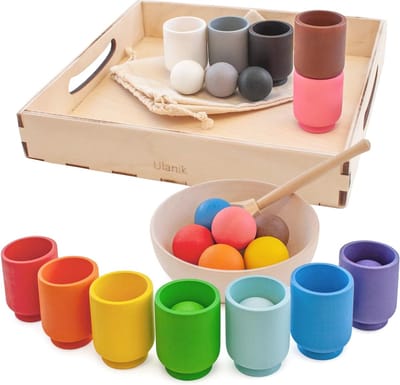 Sorteerspel met Houten Ballen en Bekers voor Peuters - Montessori Speelgoed voor Kleuren Sorteren en Leren Tellen