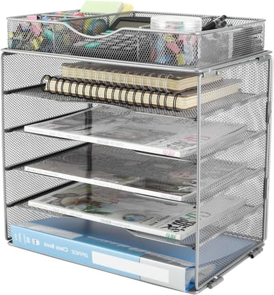 5-laagse A4 Mesh in Tray Desk Tidy - Bestandenhouder, Tijdschriftenorganizer en Papieren Opbergoplossing voor Kantoor en Thuisgebruik, Zilver