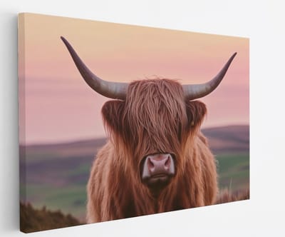 Saammp - Canvas Schilderij - Schotse Hooglander Koe - Zonsondergang - Dieren - Natuur - 60x40 - Foto op canvas - Wanddecoratie - muurdecoratie Woonkamer - Slaapkamer decoratie - Canvas Print