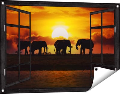 Gards Tuinposter Doorkijk Silhouet Olifanten tijdens Zonsondergang - 90x60 cm - Tuindoek - Tuindecoratie - Wanddecoratie buiten - Tuinschilderij
