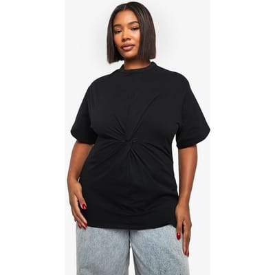 boohoo Dames Plus Geruched Knoopdetail Top met Korte Mouwen | Black | Maat: 16