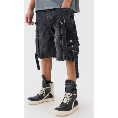 Oversized Strap And Buckle Detail Denim Jorts | Washed Black | Size 44