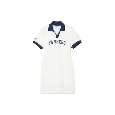 MLB Style Collège New York Yankees Bloc de Couleur Imprimé Lettres Décontracté Polo Manches Courtes Robe Robes Femme Ivoire 3FOPV0143-50IVS M blue