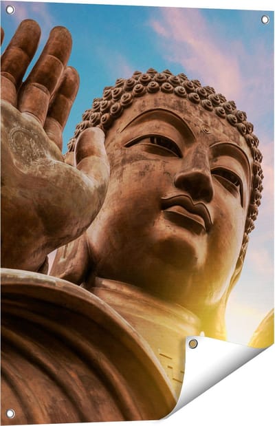 Gards Tuinposter Groot Boeddha Standbeeld van Dichtbij - 60x80 cm - Tuindoek - Tuindecoratie - Wanddecoratie buiten - Tuinschilderij