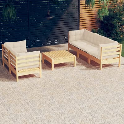vidaXL - 6-delige - Loungeset - met - crèmekleurige - kussens - grenenhout