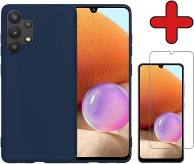 Hoesje - Met Screenprotector - Geschikt voor Samsung Galaxy A32 4G - Sterk & Shockproof - Telefoon Hoes - Back Cover - Siliconen Case - Telefoonhoes - Donkerblauw