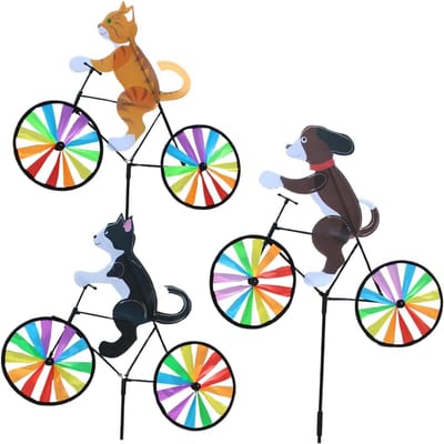 3Pcs Wind Spinner 61 x 50cm Cat and Dog Bicycle Wind Spinners Outdoor Cute 3D Animal Sculpture Decorative Spinners Outdoor for Garden Yard Park Lawn
