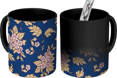 Magische Mok - Foto op Warmte Mokken - Koffiemok - Bloesem - Bladeren - Roze - Goud - Patronen - Magic Mok - Beker - 350 ML - Theemok
