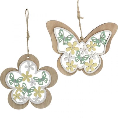 Vlinder om op te hangen, houten hanger bloem, lentedecoratie met glitt