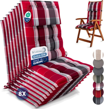 Beautissu Sun-HL – Set van 8 Premium Hoge Rugleuning Stoelkussen 120x50 cm – UV-bestendig – 8cm Dik – met Hoofdkussen & Bevestigingsbanden – Antislip – Rood Antraciet Gestreept