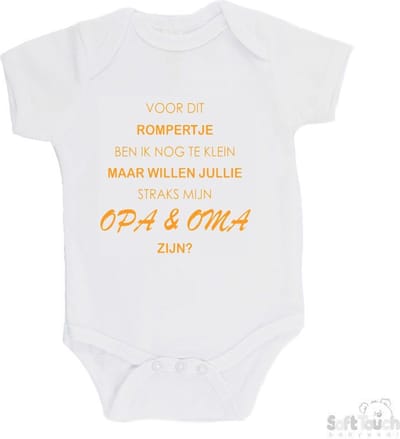 100% katoenen Romper "Voor dit rompertje ben ik nog te klein maar willen jullie straks mijn opa & oma zijn" Unisex Katoen Wit/mosterd Maat 62/68