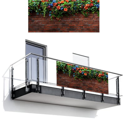 Balkonscherm 200x90 cm - Balkonposter Bloemen - Muur - Groen - Oranje - Balkon scherm decoratie - Balkonschermen - Balkondoek zonnescherm