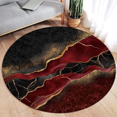 Tapis rond abstrait marbre – Design Encre Verte & Ligne Dorée – Tapis Luxe Moderne pour Salon ou Chambre, Tapis de Sol Doux Diameter 90cm(35in)