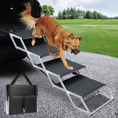 Dailygoods - 4 stappen hondentrap voor auto, opvouwbare hondentrap voor grote honden, antislip oppervlak aluminium draagbare hondenoprit voor auto's, SUV, vrachtwagens, ondersteunt tot 113 kg