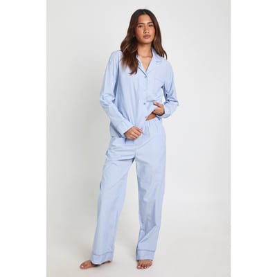 boohoo Dames Katoenen Popeline Krijtstreep Pyjama Set Met Shirt Met Lange Mouwen & Broek | Light Blue | Maat: 6