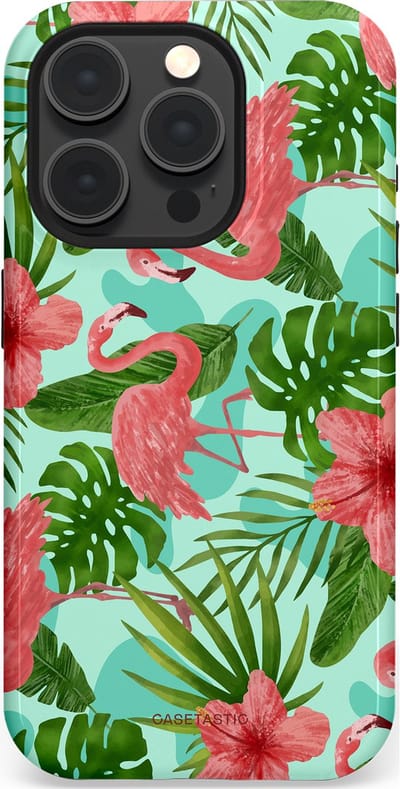 Casetastic hoesje geschikt voor Apple iPhone 15 Pro - MagSafe - Dubbellaagse bescherming - Flamingo jungle - Fashion Case - Mintgroen Koraal