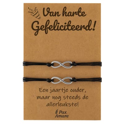 Vriendschapsarmbandjes voor 2 "Van Harte Gefeliciteerd" - Oneindigheidsteken - BFF Armbandjes met Verjaardags Cadeau Kaartje - Zilverkleurig - Elastisch Verstelbaar - Pax Amare