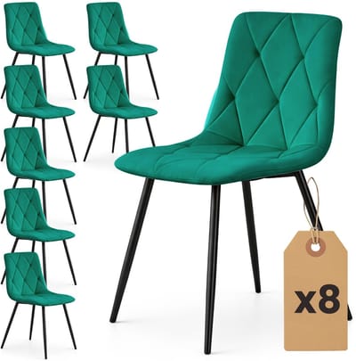Set van 8 Eetkamerstoelen MILO / Gestoffeerde Stoelen / Fluwelen Stoelen en Metalen Poten / Flesgroen met zwarte benen