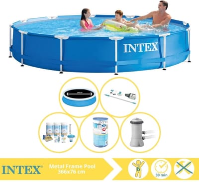 Intex Rond Frame Zwembad - 366 x 76 cm - Blauw - Inclusief Solarzeil - Onderhoudspakket - Zwembadfilterpomp - Filter - Stofzuiger - 6-delig