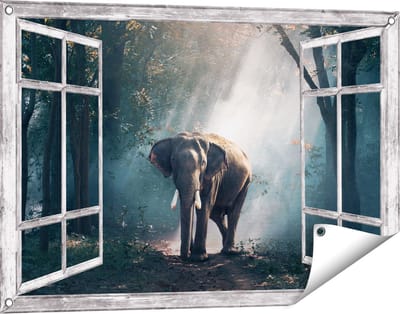Gards Tuinposter Doorkijk Olifant in het Bos met Zonneschijn - 90x60 cm - Tuindoek - Tuindecoratie - Wanddecoratie buiten - Tuinschilderij