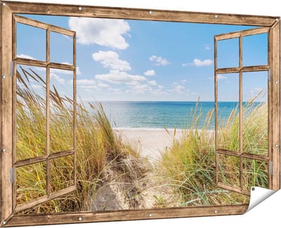 Gards Tuinposter Doorkijk Strand en Zee vanuit Duinen - 180x120 cm - Tuindoek - Tuindecoratie - Wanddecoratie buiten - Tuinschilderij
