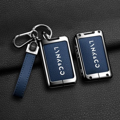 Alliage de Zinc Cuir Étui Porte-Clés de Voiture Coque Protecteur Support Sac Ensemble Pour Lynk Co 05 09 01 06 Télécommande Intelligente Accessoires Auto blue