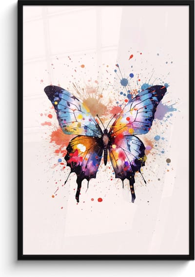 Poster in lijst - Fotolijst 80x120 cm - Posters - Vlinder - Roze - Verf - Kleurrijk - Posterlijst zwart - Kamer decoratie - Wanddecoratie kinderkamer - Muurdecoratie babykamer
