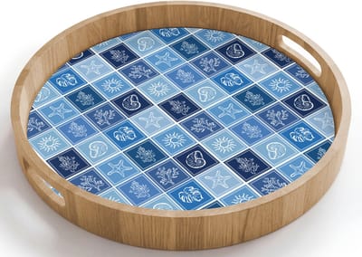 Dienblad rond 40x40 cm - Schootdienblad hout - Zee - Kust - Zomer - Blauw - Borrelplank rechthoek - Plateau houten dienbladen