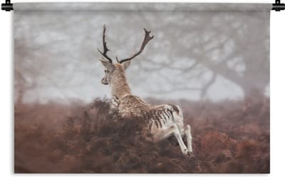 Wandkleed - Wanddoek - Hert - Mist - Planten - 90x60 cm - Wandtapijt