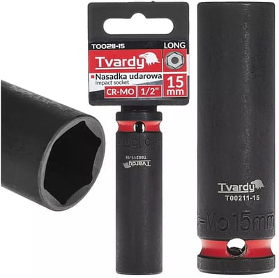 Tvardy Lange slagdop zeskant 15 mm - chroom-molybdeenstaal - vierkante aandrijving 12,7 mm - zwart - voor slagmoersleutel, auto en industrie, professioneel gebruik
