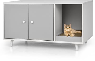 COSTWAY 2-in-1 bijzettafel en kattenkast met krabplank, kattenbak, koffietafel, kattenhuis, kattenbak, hout, 90 x 50 x 50 cm, grijs