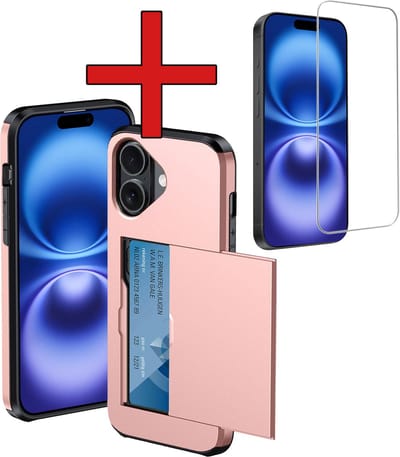 Hoesje Geschikt voor iPhone 16 Hoesje Met Pasjeshouder Hard Case Met Kaarthouder Met Screenprotector - Hoes Geschikt voor iPhone 16 Hoesje Pashouder Case - Rosé goud
